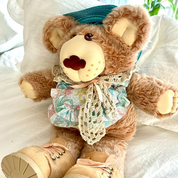 1980's Vintage Xaveir Roberts Girl w/Blue Hat Furskins Spring Attire Bear Plush - Picture 1 of 10